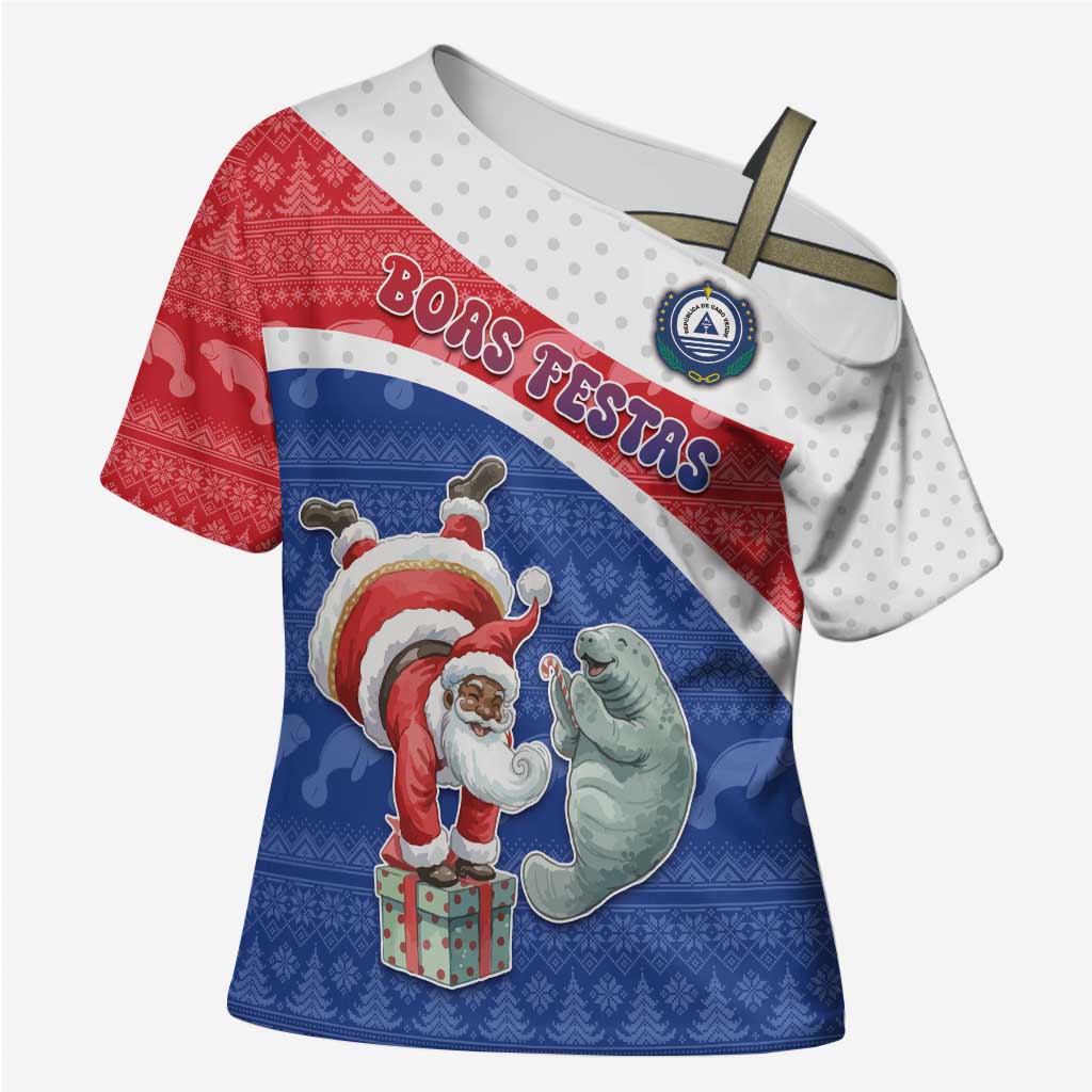Personalized Cape Verde Christmas Cross Shoulder Shirt Black Santa Clause With The Manatee - Wonder Print Shop