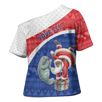Personalized Cape Verde Christmas Cross Shoulder Shirt Black Santa Clause With The Manatee - Wonder Print Shop