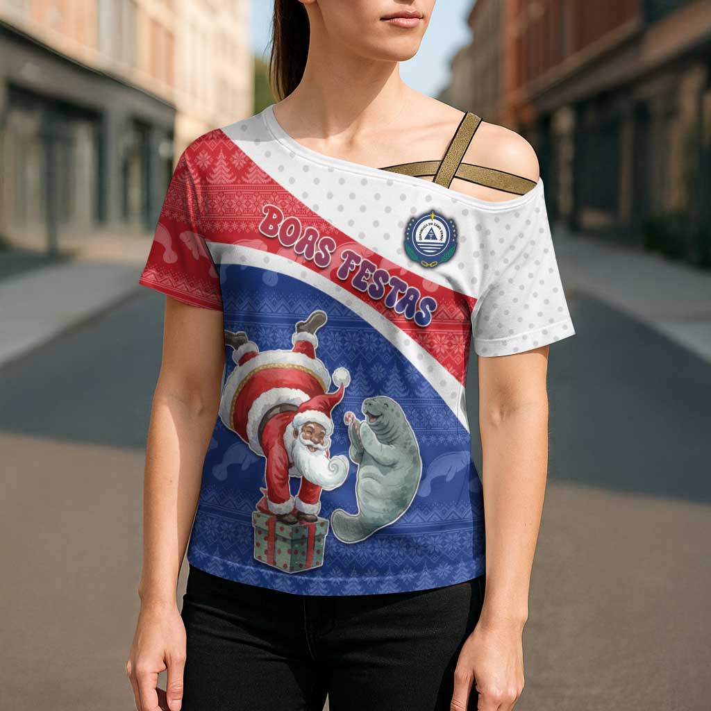 Personalized Cape Verde Christmas Cross Shoulder Shirt Black Santa Clause With The Manatee - Wonder Print Shop