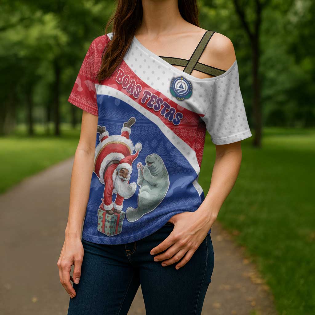 Personalized Cape Verde Christmas Cross Shoulder Shirt Black Santa Clause With The Manatee - Wonder Print Shop