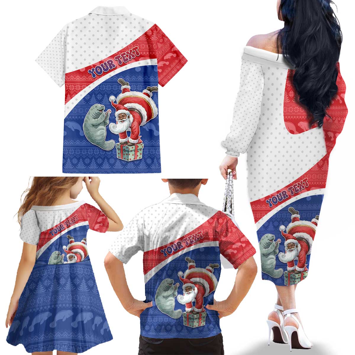 Personalized Cape Verde Christmas Family Matching Off The Shoulder Long Sleeve Dress and Hawaiian Shirt Black Santa Clause With The Manatee - Wonder Print Shop