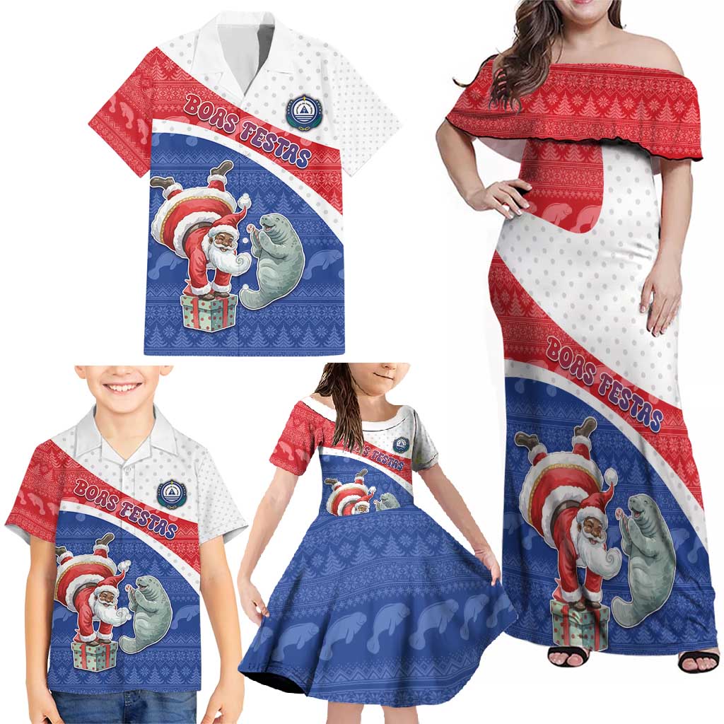 Personalized Cape Verde Christmas Family Matching Off Shoulder Maxi Dress and Hawaiian Shirt Black Santa Clause With The Manatee - Wonder Print Shop