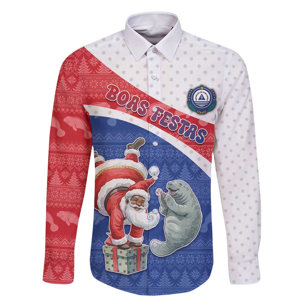 Personalized Cape Verde Christmas Family Matching Off Shoulder Short Dress and Hawaiian Shirt Black Santa Clause With The Manatee - Wonder Print Shop