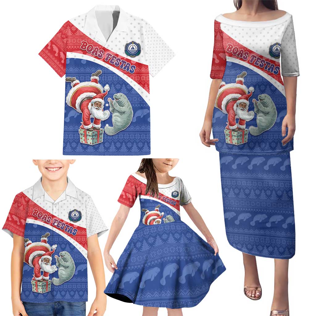 Personalized Cape Verde Christmas Family Matching Puletasi and Hawaiian Shirt Black Santa Clause With The Manatee - Wonder Print Shop
