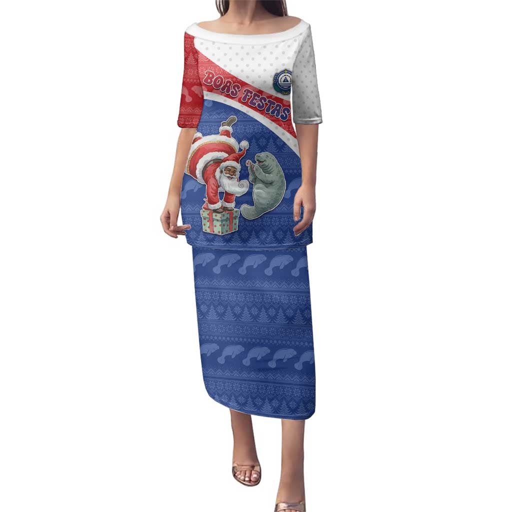 Personalized Cape Verde Christmas Family Matching Puletasi and Hawaiian Shirt Black Santa Clause With The Manatee - Wonder Print Shop