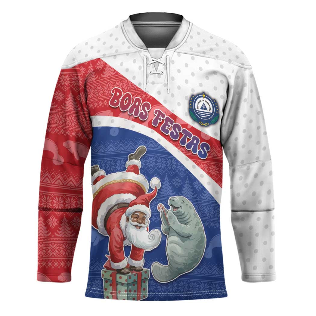 Personalized Cape Verde Christmas Hockey Jersey Black Santa Clause With The Manatee - Wonder Print Shop