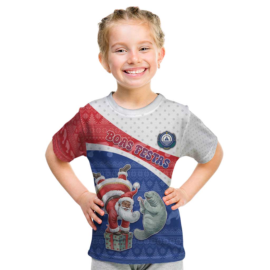 Personalized Cape Verde Christmas Kid T Shirt Black Santa Clause With The Manatee - Wonder Print Shop