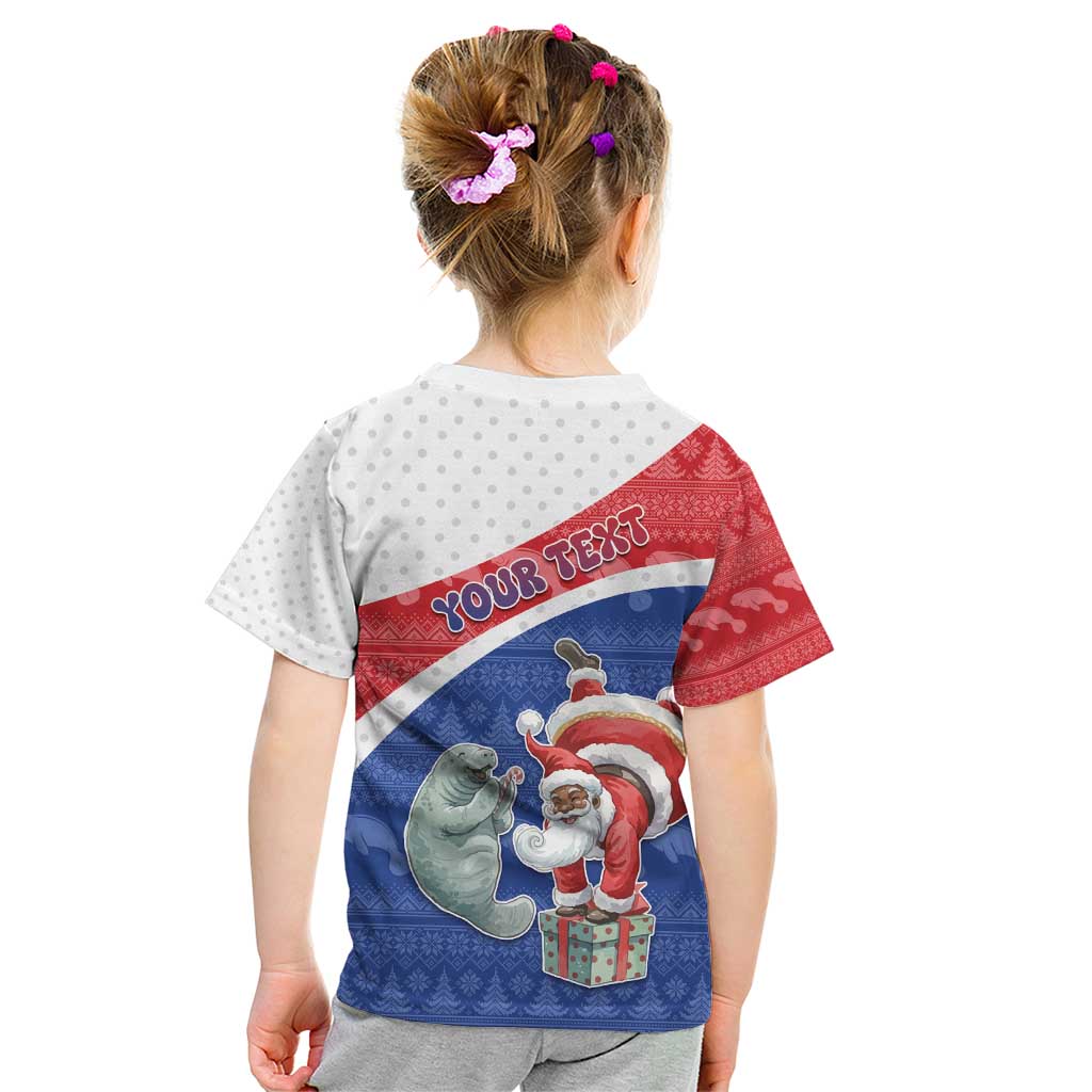 Personalized Cape Verde Christmas Kid T Shirt Black Santa Clause With The Manatee - Wonder Print Shop