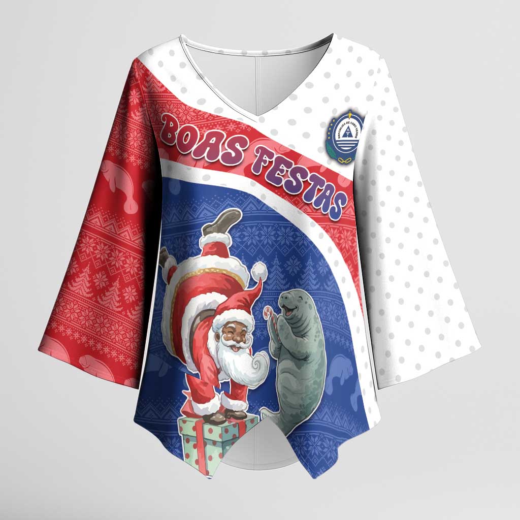 Personalized Cape Verde Christmas Kimono Sleeve Blouse Black Santa Clause With The Manatee - Wonder Print Shop