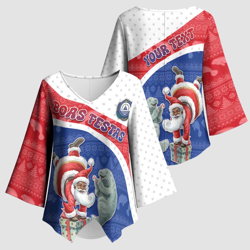 Personalized Cape Verde Christmas Kimono Sleeve Blouse Black Santa Clause With The Manatee - Wonder Print Shop
