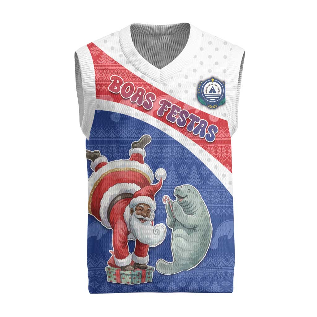 Personalized Cape Verde Christmas Knitted V-Neck Vest The Santa Clause With The Manatee - Wonder Print Shop