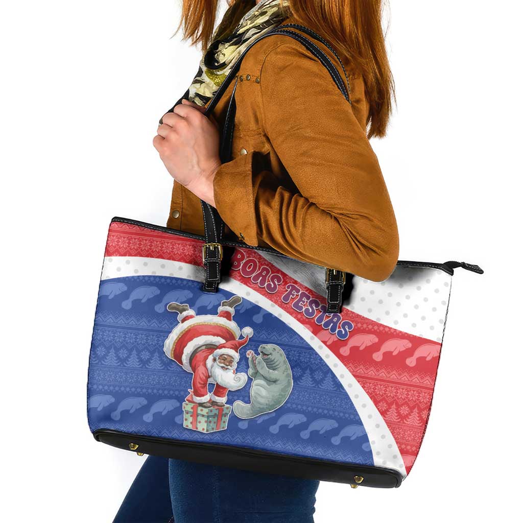 Cape Verde Christmas Leather Tote Bag Black Santa Clause With The Manatee - Wonder Print Shop