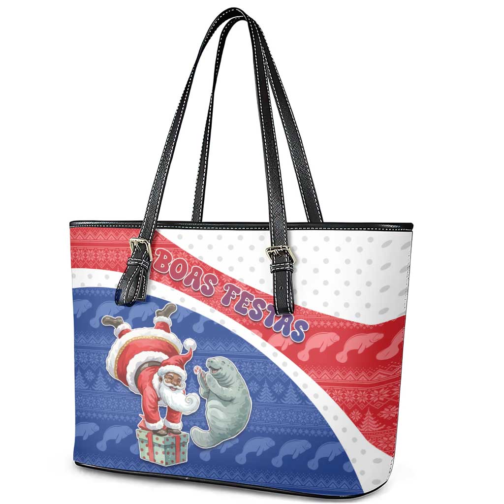 Cape Verde Christmas Leather Tote Bag Black Santa Clause With The Manatee - Wonder Print Shop