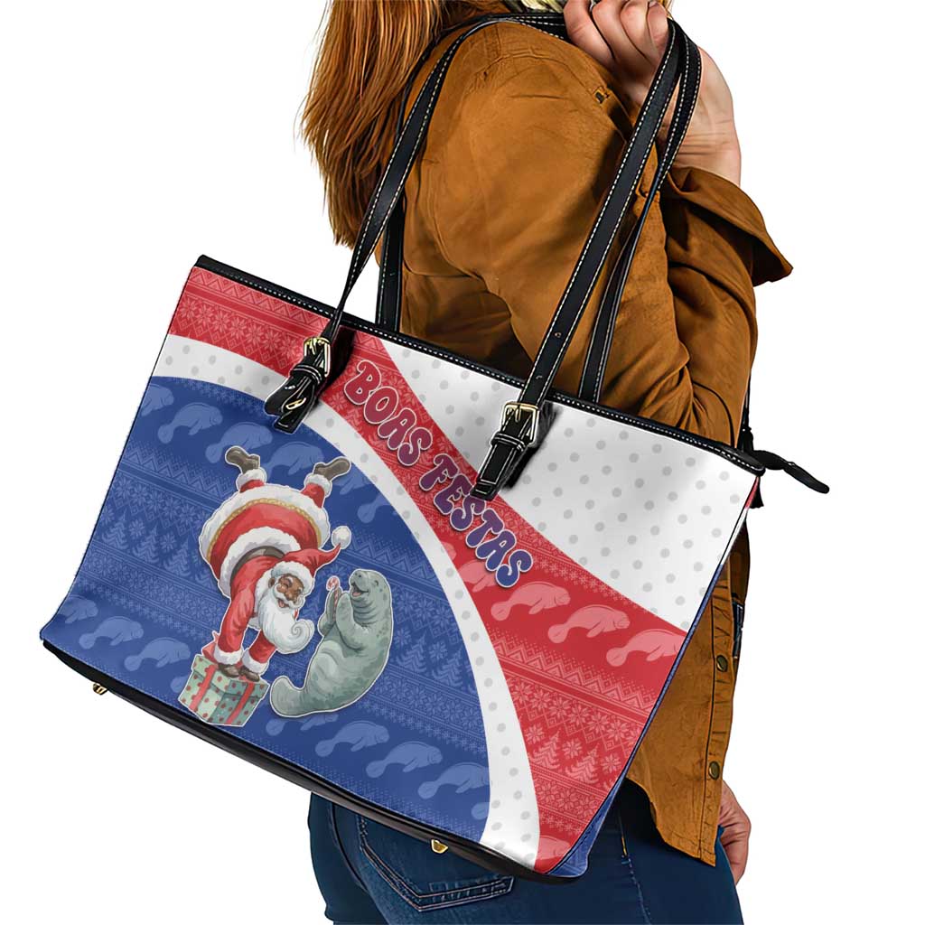 Cape Verde Christmas Leather Tote Bag Black Santa Clause With The Manatee - Wonder Print Shop