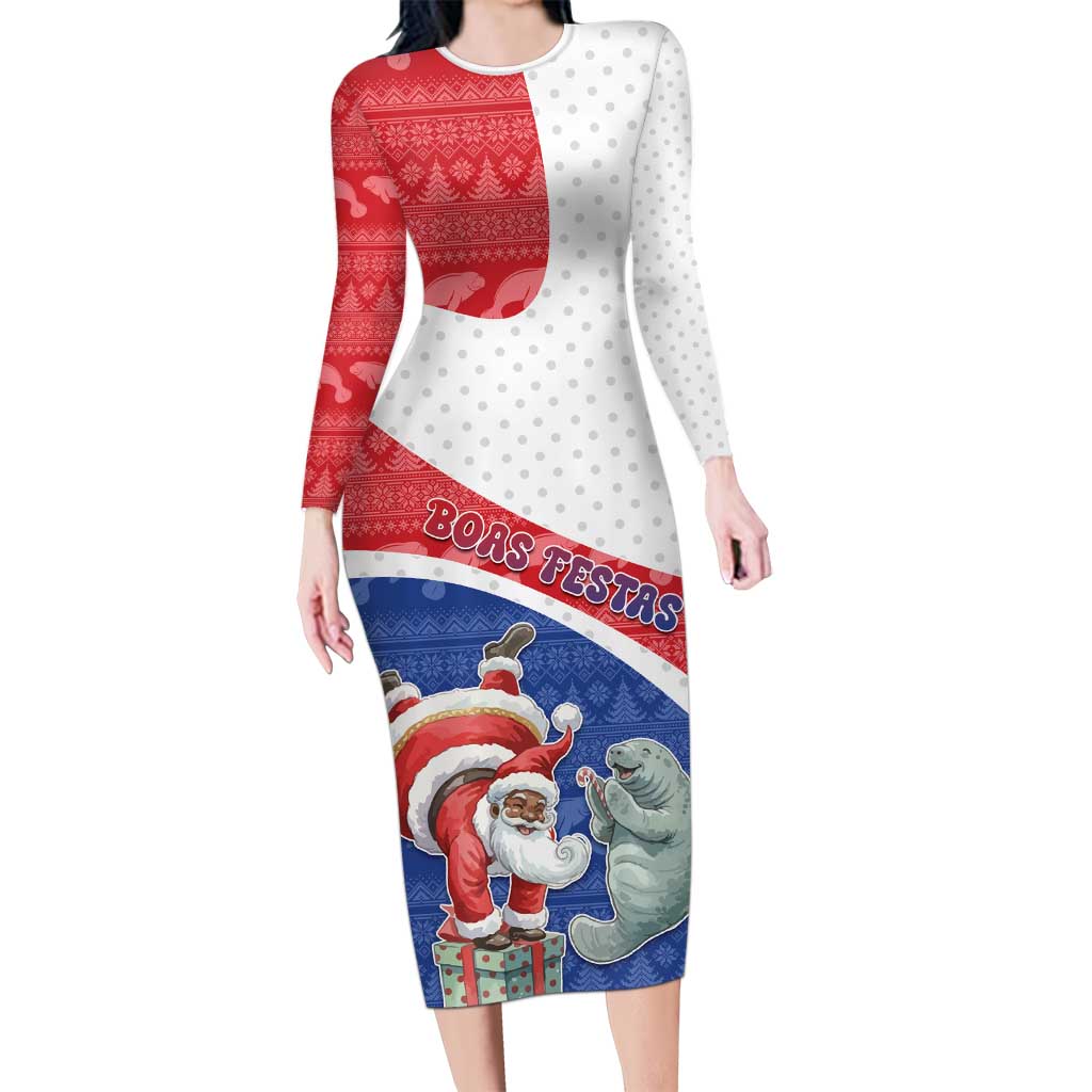 Personalized Cape Verde Christmas Long Sleeve Bodycon Dress Black Santa Clause With The Manatee - Wonder Print Shop