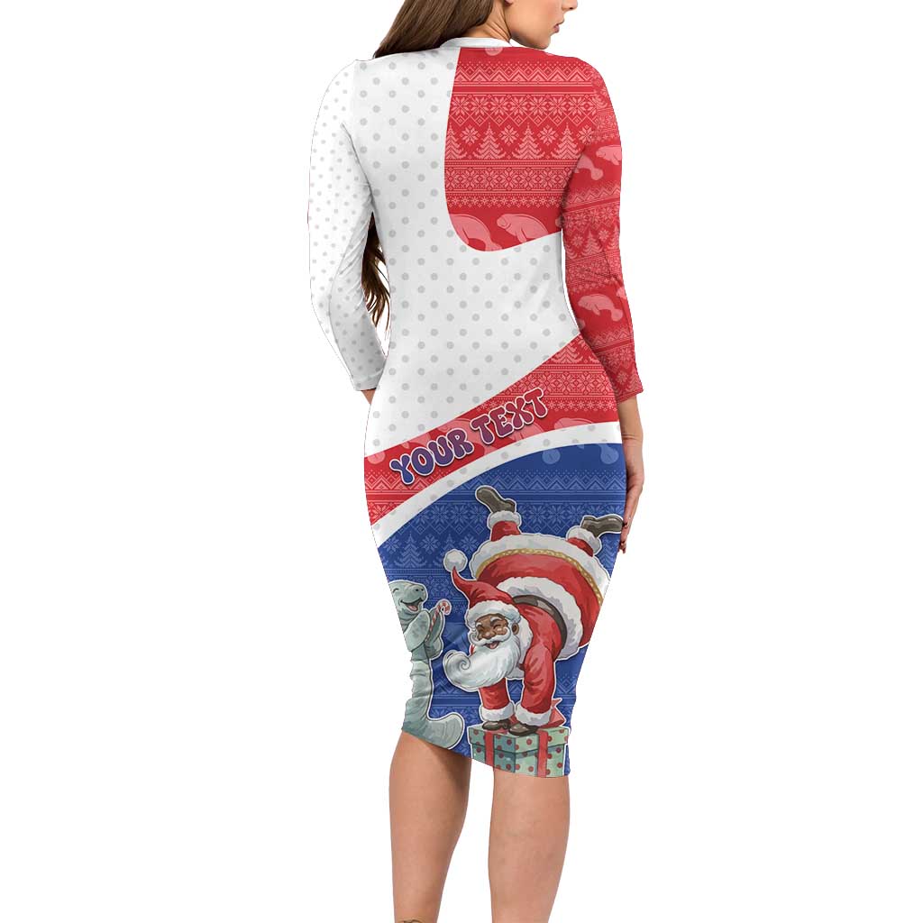 Personalized Cape Verde Christmas Long Sleeve Bodycon Dress Black Santa Clause With The Manatee - Wonder Print Shop