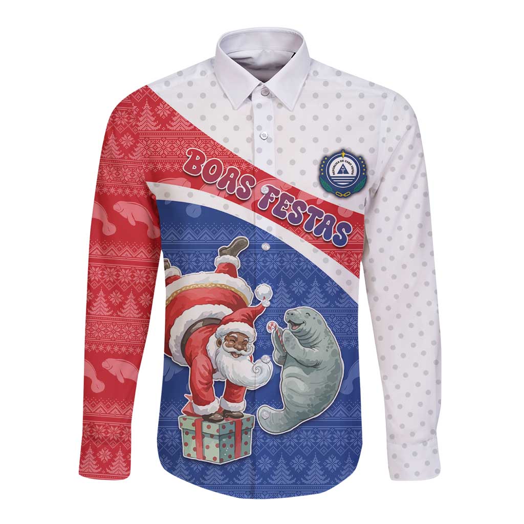 Personalized Cape Verde Christmas Long Sleeve Button Shirt Black Santa Clause With The Manatee - Wonder Print Shop