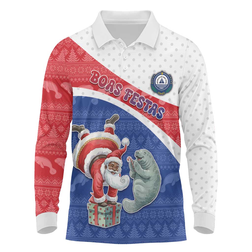 Personalized Cape Verde Christmas Long Sleeve Polo Shirt Black Santa Clause With The Manatee - Wonder Print Shop
