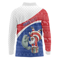 Personalized Cape Verde Christmas Long Sleeve Polo Shirt Black Santa Clause With The Manatee - Wonder Print Shop