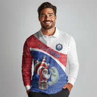Personalized Cape Verde Christmas Long Sleeve Polo Shirt Black Santa Clause With The Manatee - Wonder Print Shop