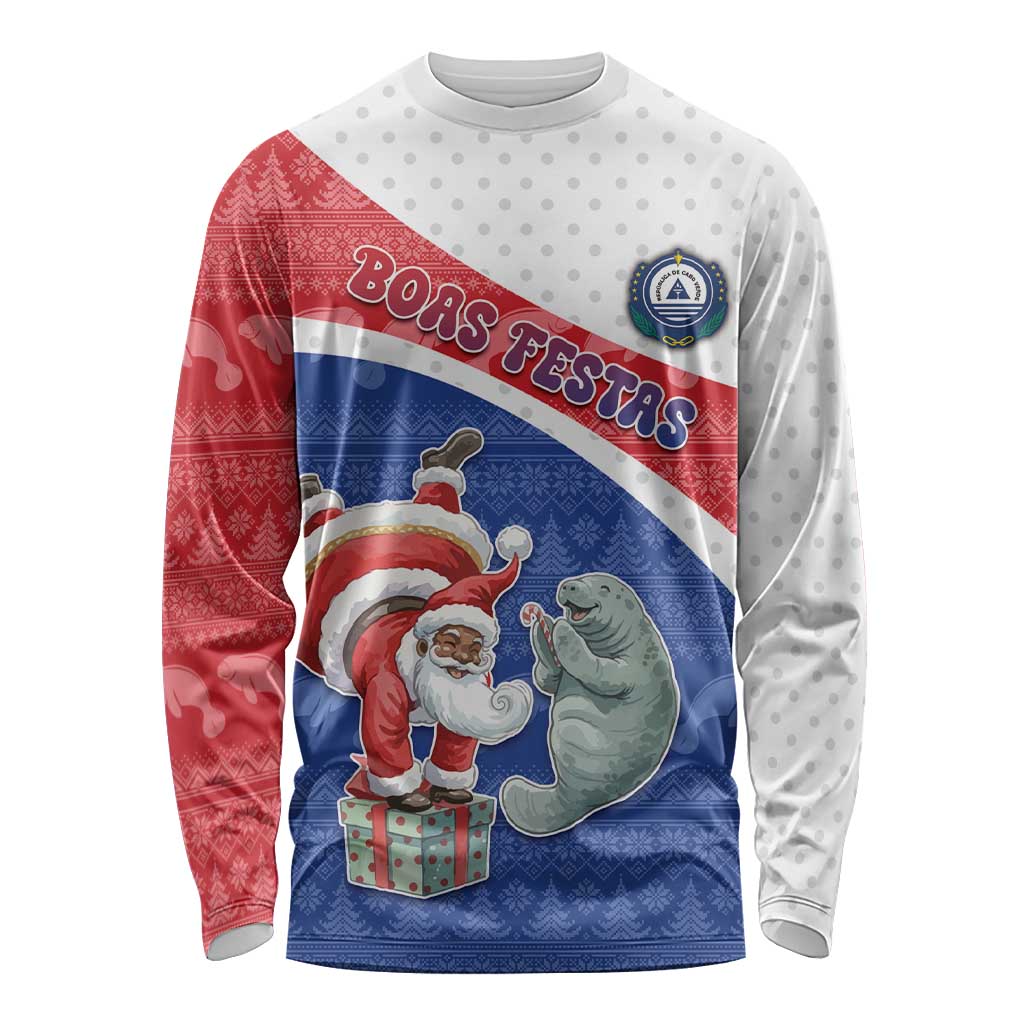 Personalized Cape Verde Christmas Long Sleeve Shirt Black Santa Clause With The Manatee - Wonder Print Shop