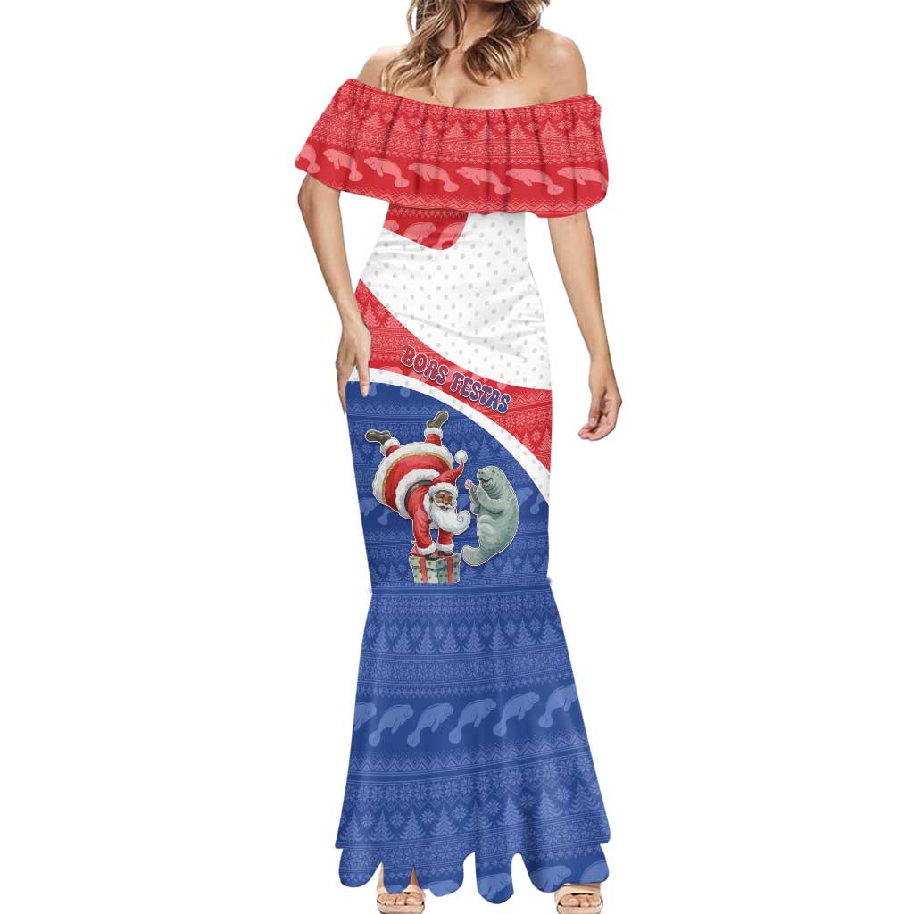 Personalized Cape Verde Christmas Mermaid Dress Black Santa Clause With The Manatee - Wonder Print Shop