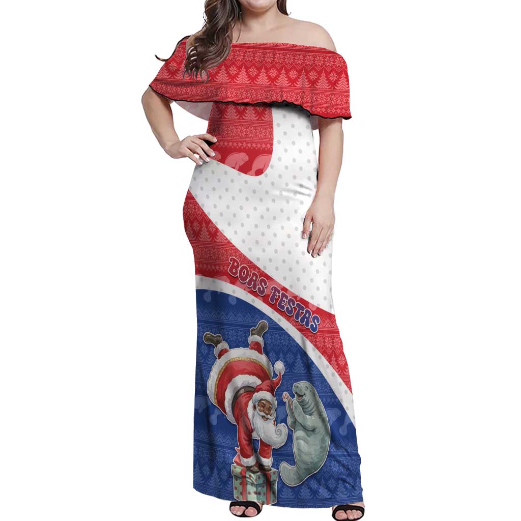 Personalized Cape Verde Christmas Off Shoulder Maxi Dress Black Santa Clause With The Manatee - Wonder Print Shop