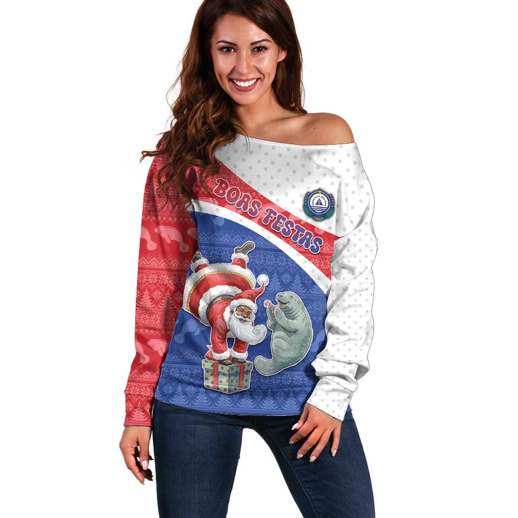 Personalized Cape Verde Christmas Off Shoulder Sweater Black Santa Clause With The Manatee - Wonder Print Shop