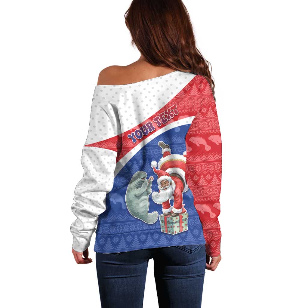 Personalized Cape Verde Christmas Off Shoulder Sweater Black Santa Clause With The Manatee - Wonder Print Shop