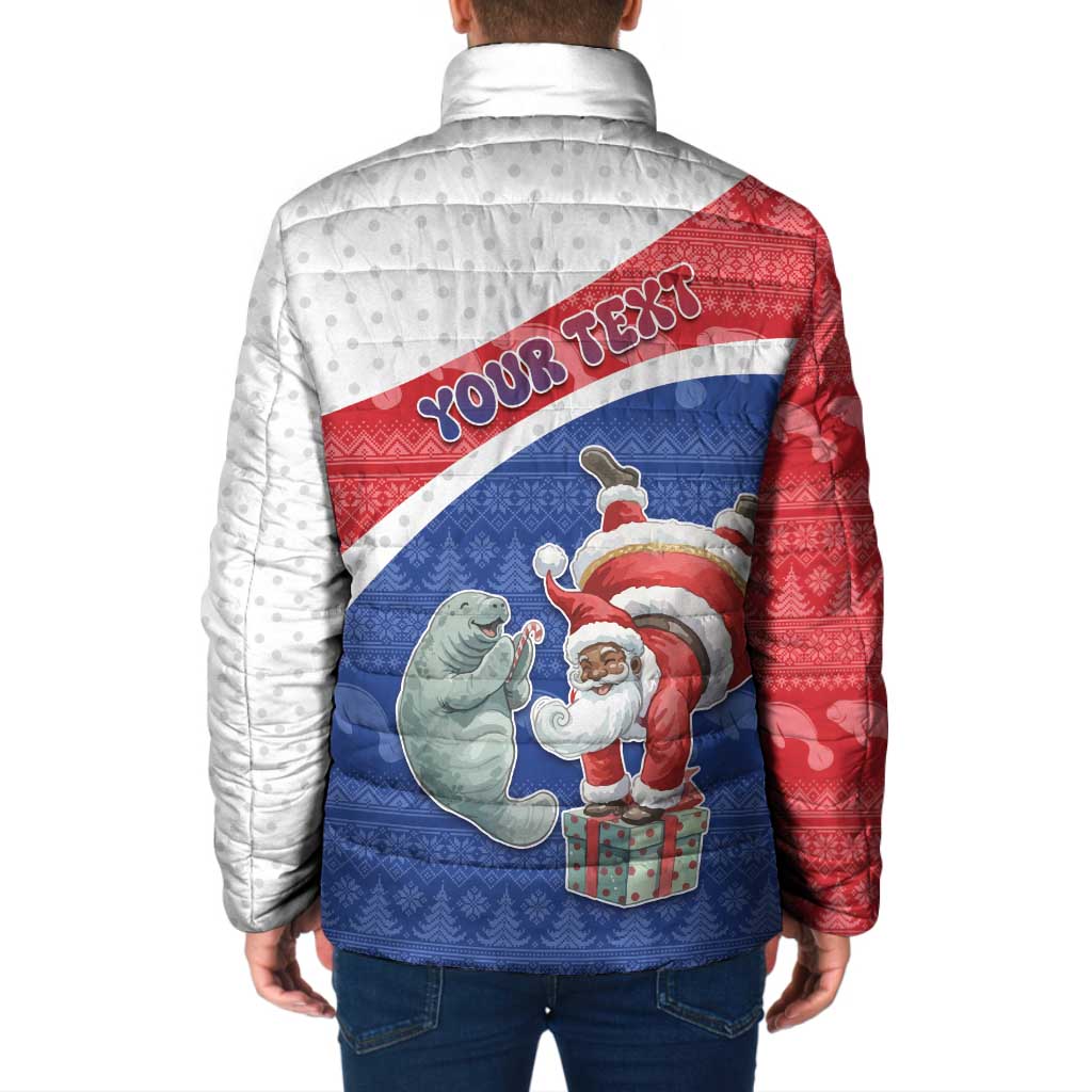 Personalized Cape Verde Christmas Padded Jacket Black Santa Clause With The Manatee - Wonder Print Shop