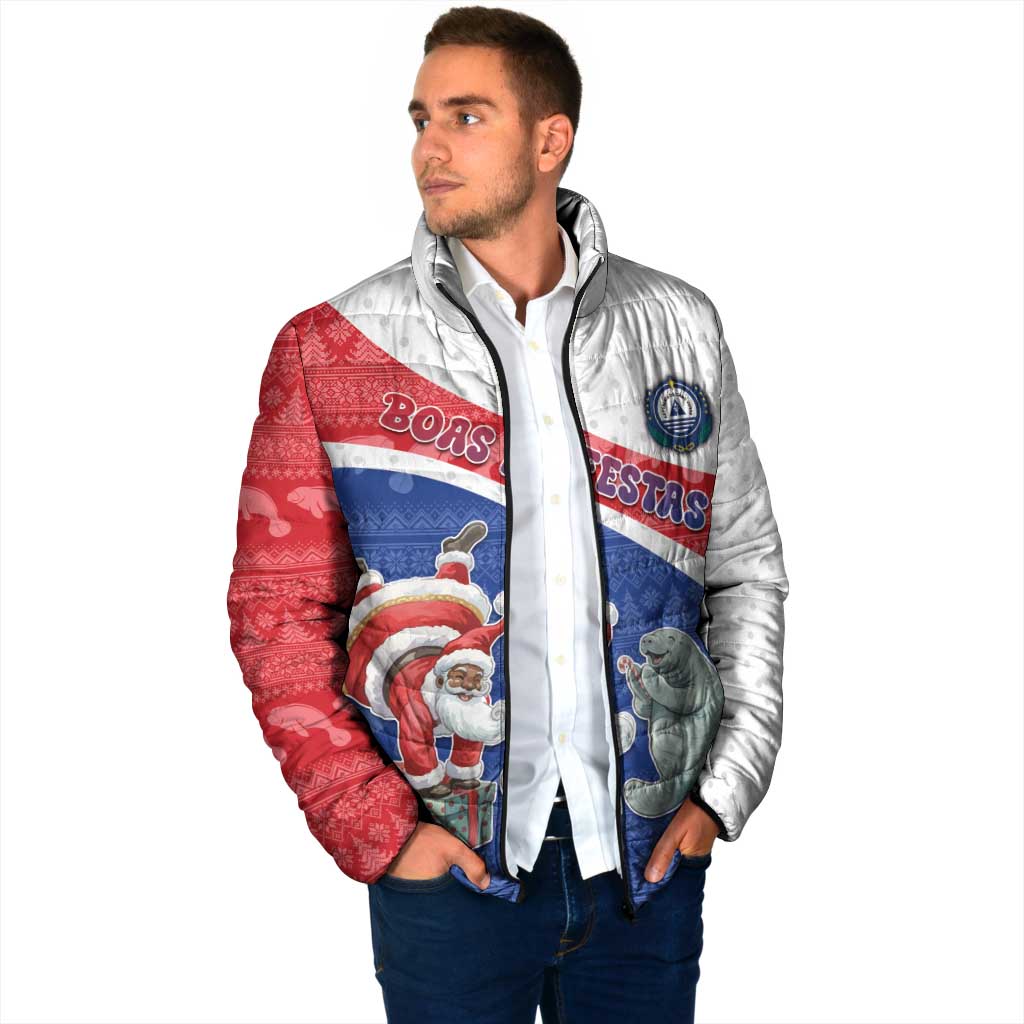 Personalized Cape Verde Christmas Padded Jacket Black Santa Clause With The Manatee - Wonder Print Shop