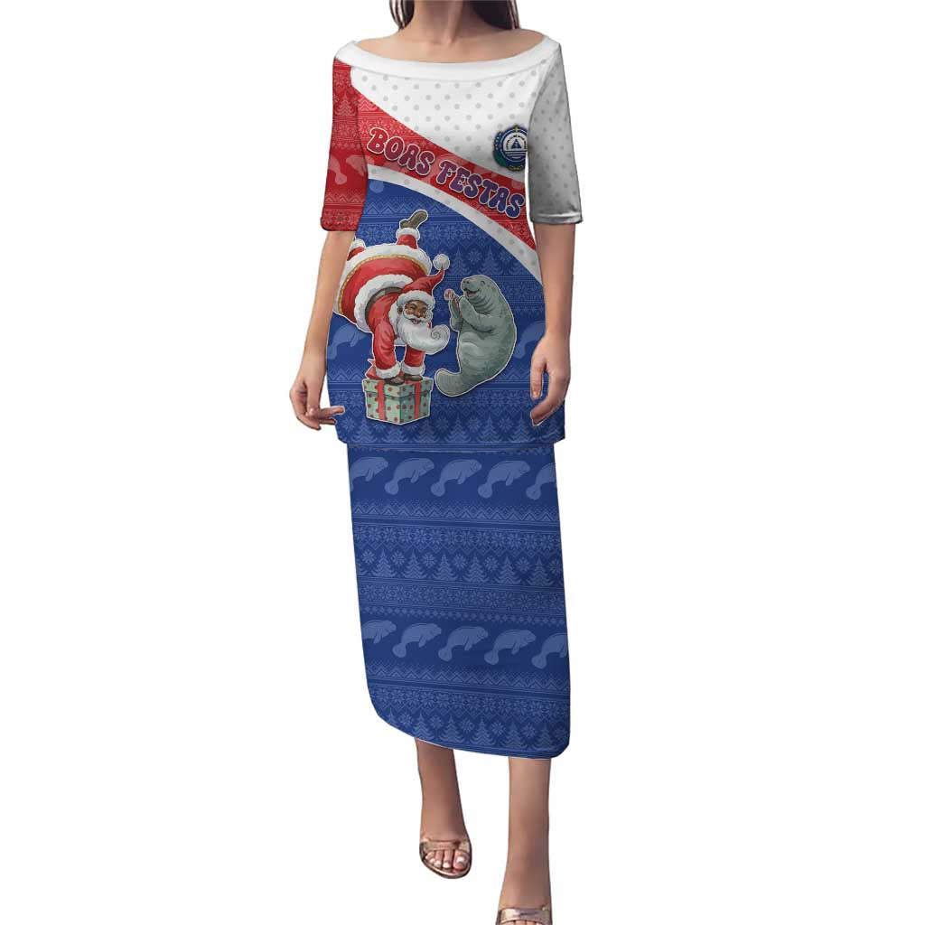 Personalized Cape Verde Christmas Puletasi Black Santa Clause With The Manatee - Wonder Print Shop