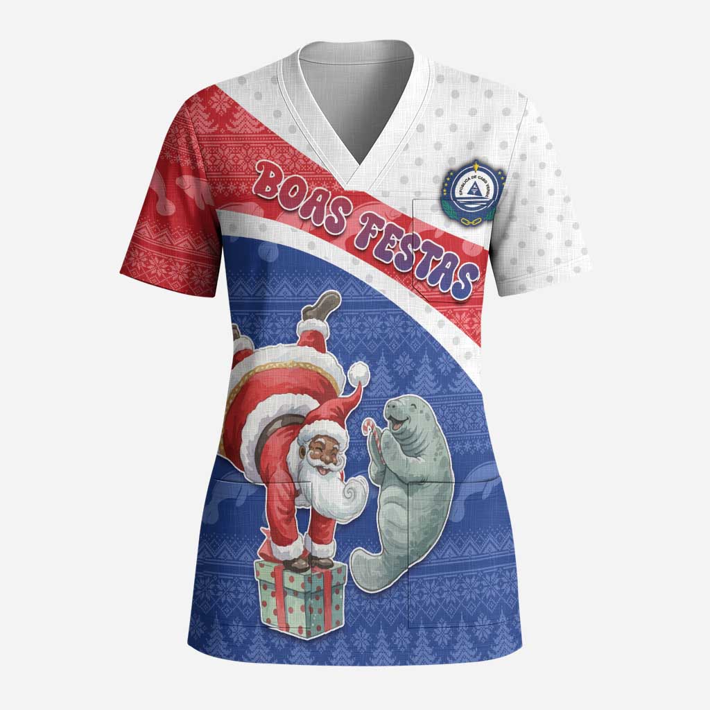 Personalized Cape Verde Christmas Scrub Top Black Santa Clause With The Manatee - Wonder Print Shop