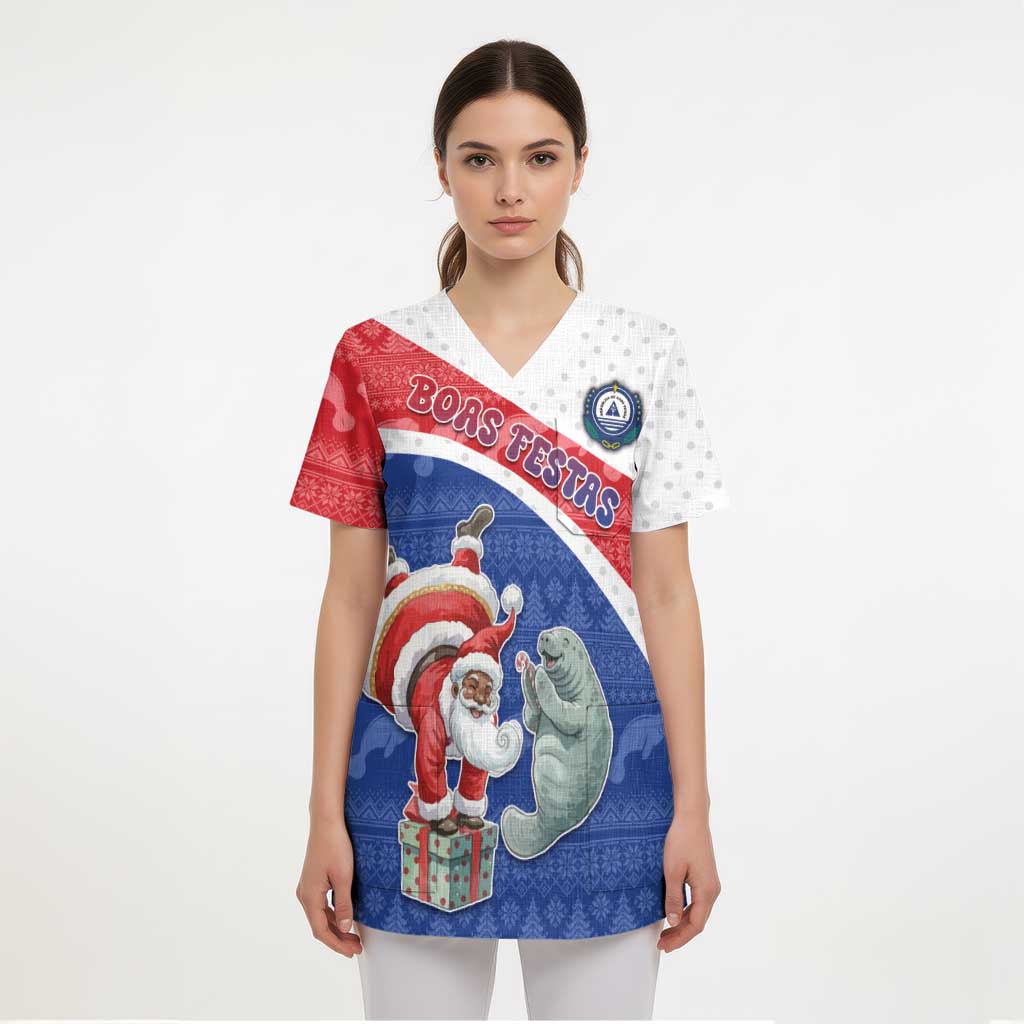 Personalized Cape Verde Christmas Scrub Top Black Santa Clause With The Manatee - Wonder Print Shop
