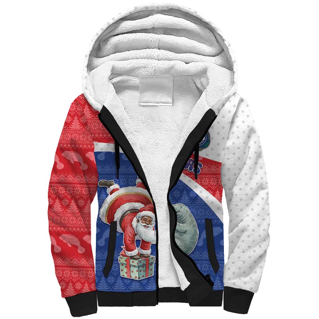 Personalized Cape Verde Christmas Sherpa Hoodie Black Santa Clause With The Manatee - Wonder Print Shop