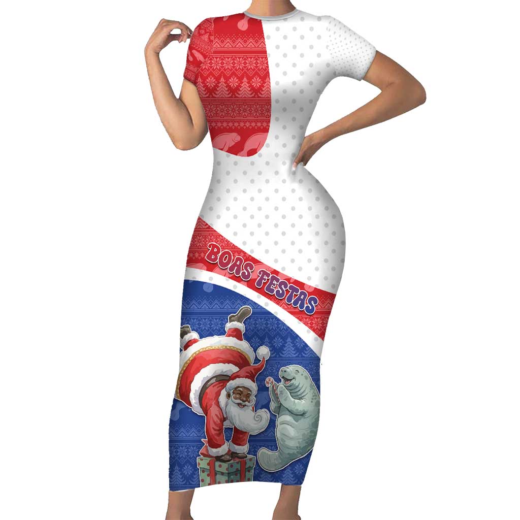 Personalized Cape Verde Christmas Short Sleeve Bodycon Dress Black Santa Clause With The Manatee - Wonder Print Shop