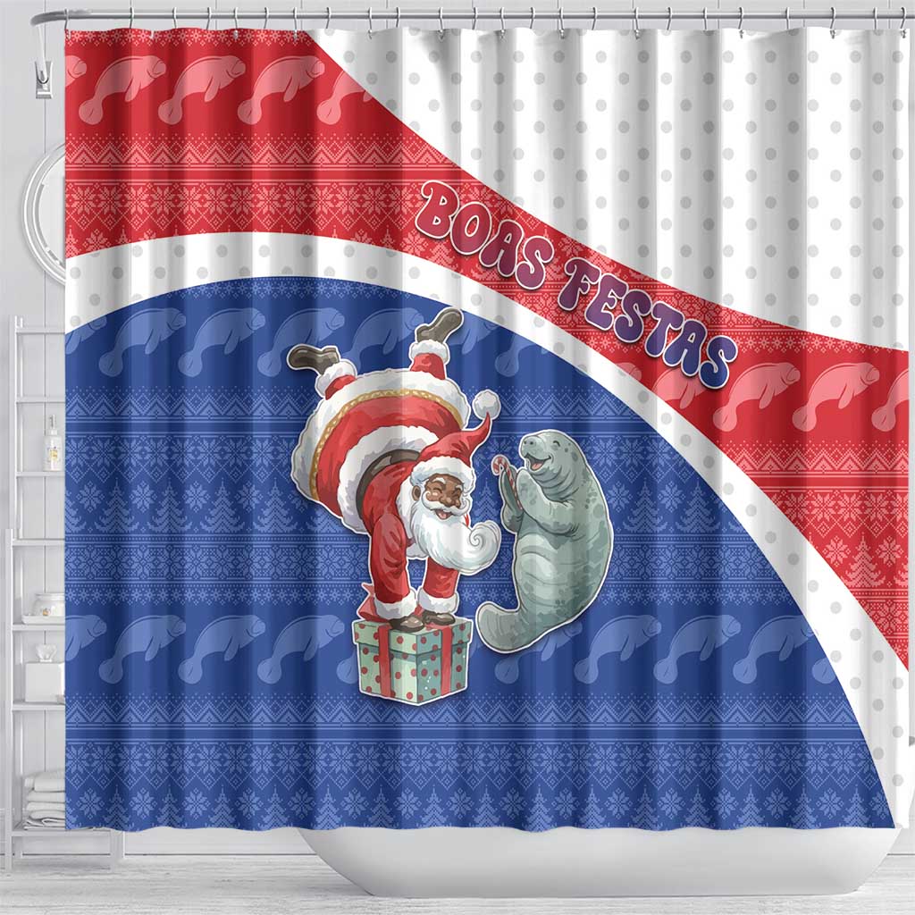 Cape Verde Christmas Shower Curtain Black Santa Clause With The Manatee - Wonder Print Shop