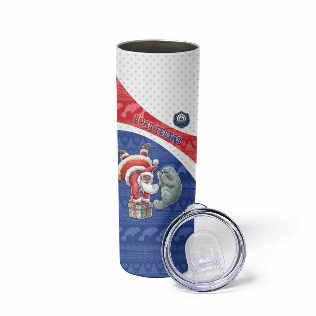 Personalized Cape Verde Christmas Skinny Tumbler Black Santa Clause With The Manatee - Wonder Print Shop