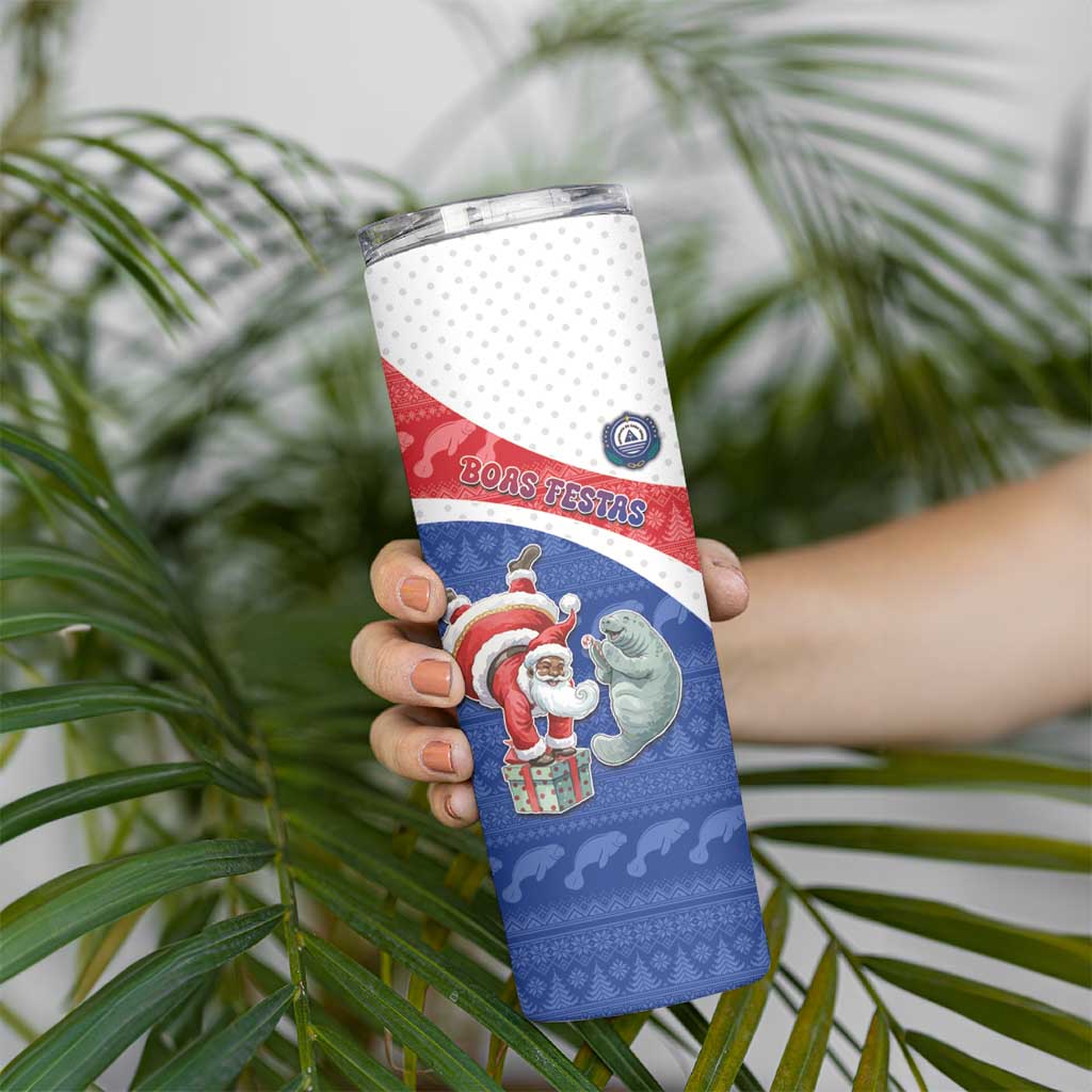 Personalized Cape Verde Christmas Skinny Tumbler Black Santa Clause With The Manatee - Wonder Print Shop