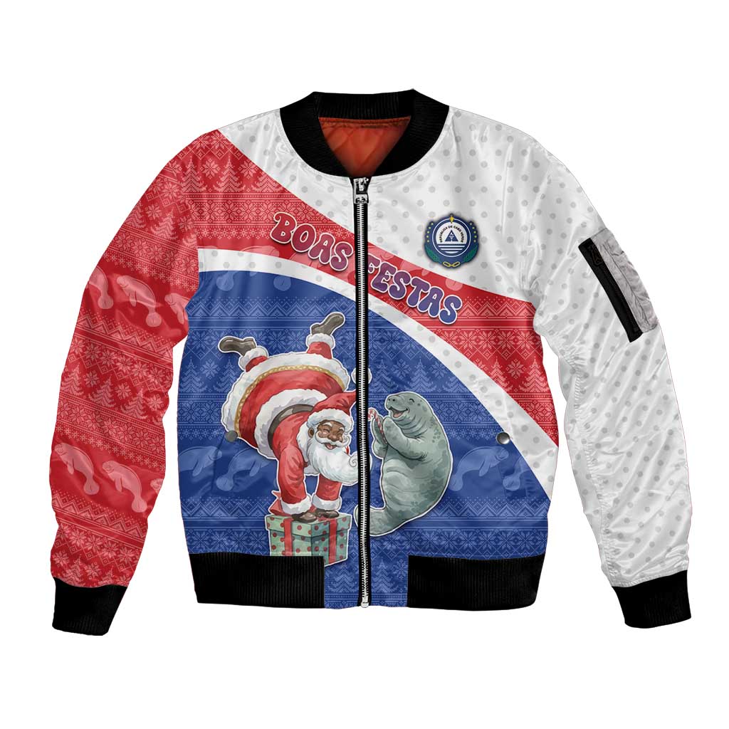 Personalized Cape Verde Christmas Sleeve Zip Bomber Jacket Black Santa Clause With The Manatee - Wonder Print Shop