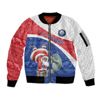 Personalized Cape Verde Christmas Sleeve Zip Bomber Jacket Black Santa Clause With The Manatee - Wonder Print Shop