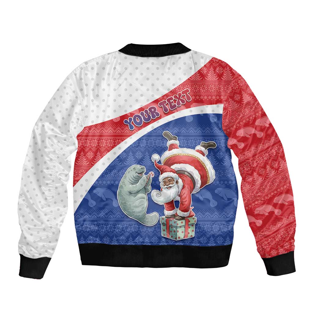 Personalized Cape Verde Christmas Sleeve Zip Bomber Jacket Black Santa Clause With The Manatee - Wonder Print Shop