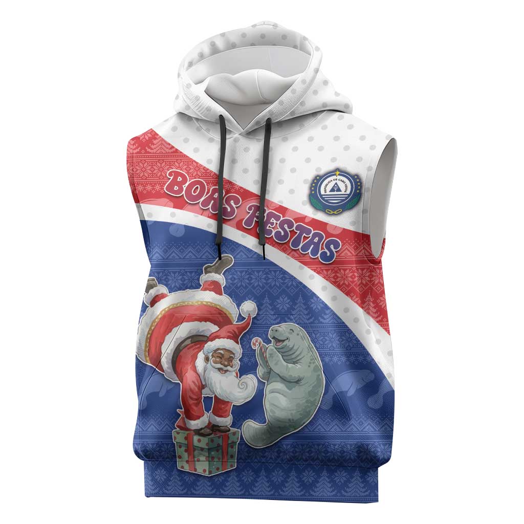 Personalized Cape Verde Christmas Sleeveless Hoodie Black Santa Clause With The Manatee - Wonder Print Shop