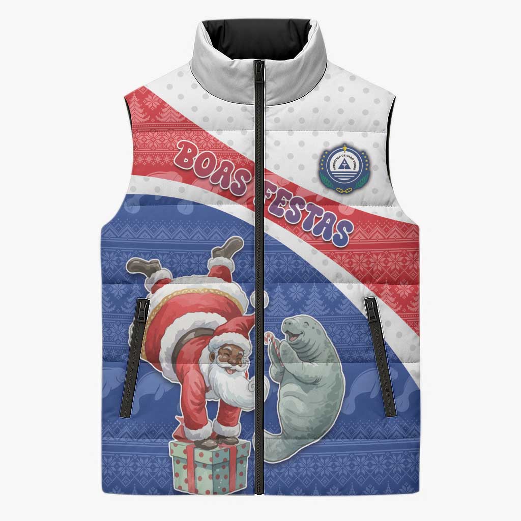 Personalized Cape Verde Christmas Sleeveless Puffer Jacket Black Santa Clause With The Manatee - Wonder Print Shop