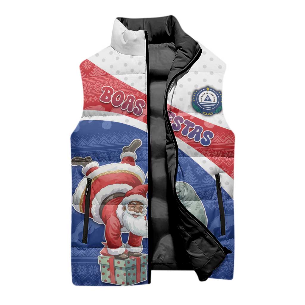 Personalized Cape Verde Christmas Sleeveless Puffer Jacket Black Santa Clause With The Manatee - Wonder Print Shop