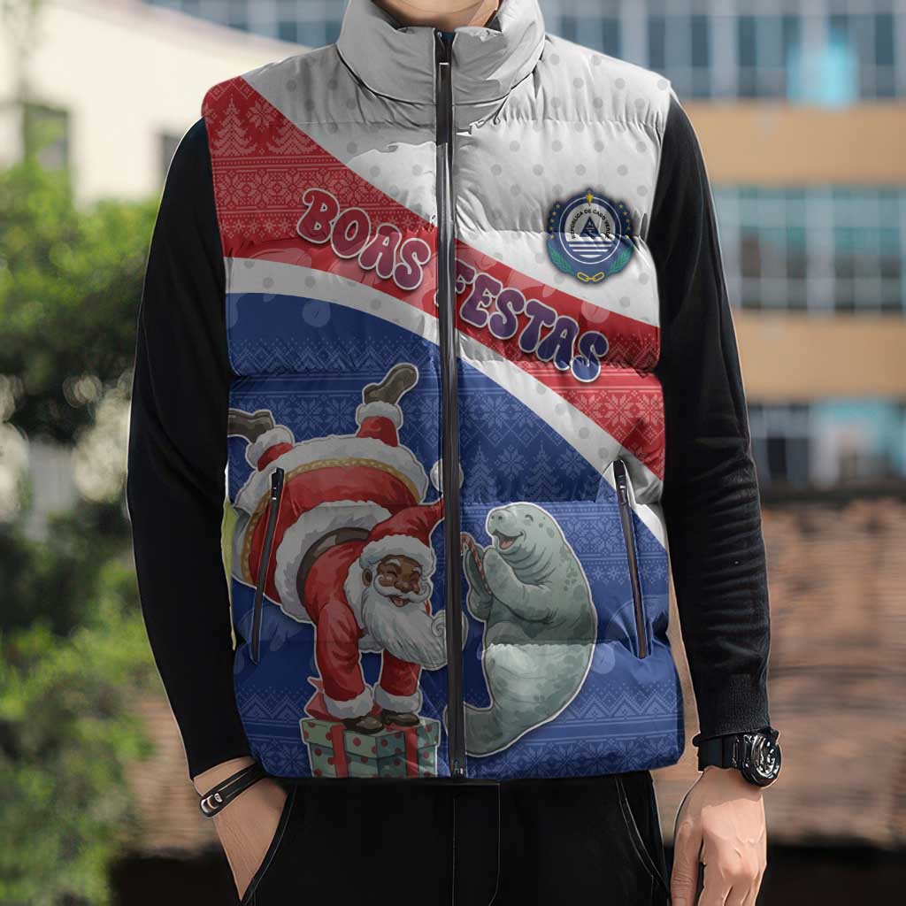 Personalized Cape Verde Christmas Sleeveless Puffer Jacket Black Santa Clause With The Manatee - Wonder Print Shop