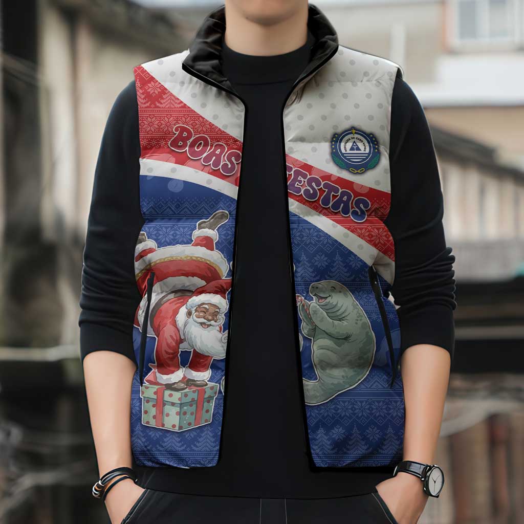 Personalized Cape Verde Christmas Sleeveless Puffer Jacket Black Santa Clause With The Manatee - Wonder Print Shop