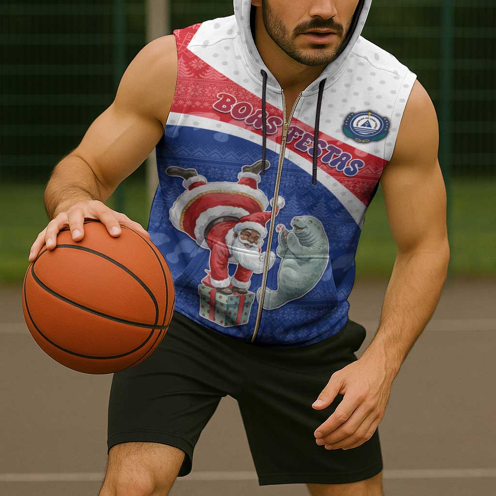 Personalized Cape Verde Christmas Sleeveless Zip Hoodie Black Santa Clause With The Manatee - Wonder Print Shop