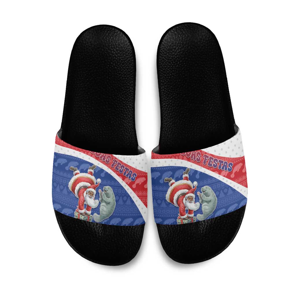 Cape Verde Christmas Slide Sandals Black Santa Clause With The Manatee - Wonder Print Shop