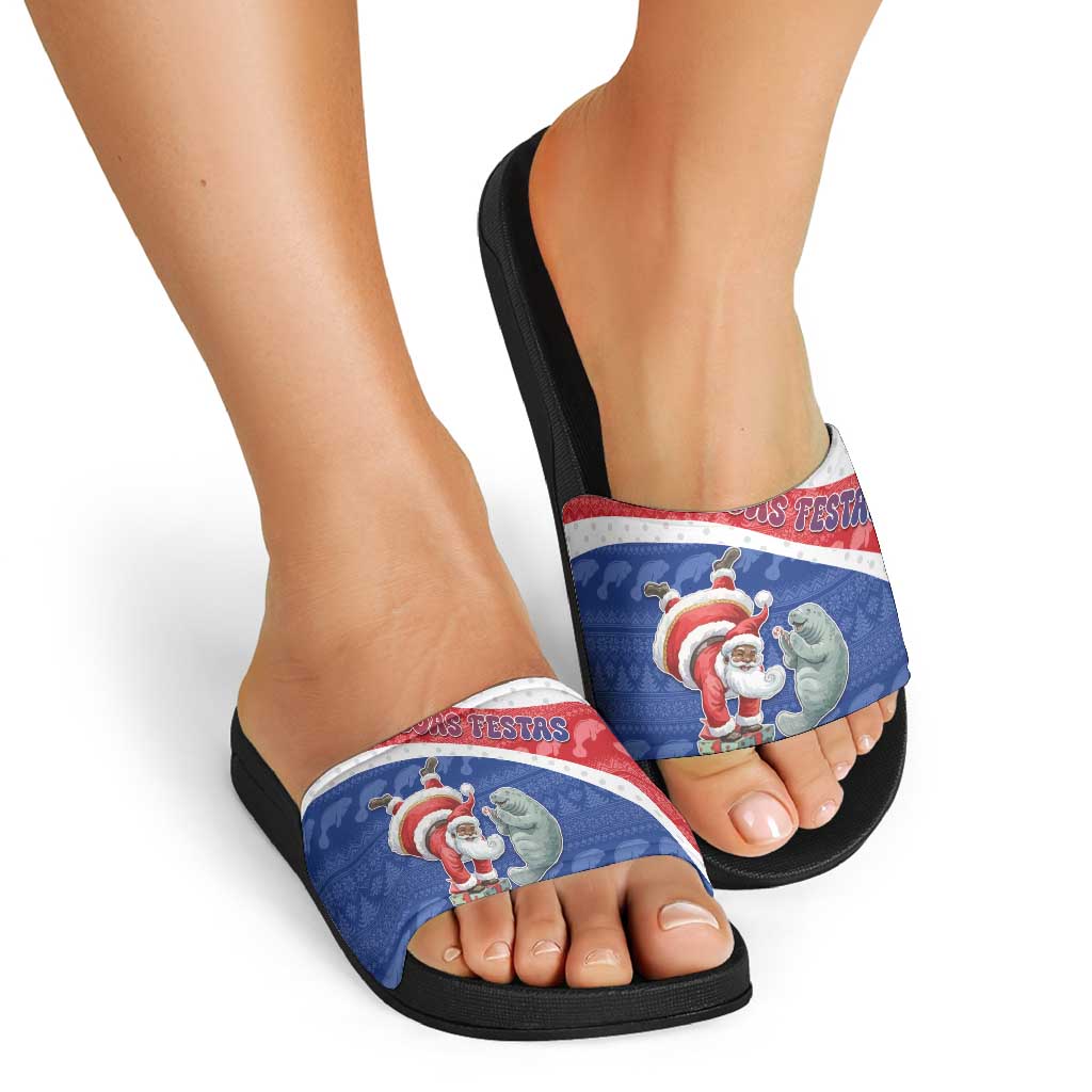Cape Verde Christmas Slide Sandals Black Santa Clause With The Manatee - Wonder Print Shop